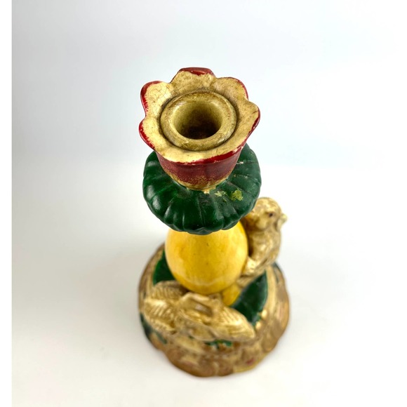 Vintage Bunny Rabbits Candle Stick Holder Rustic Whimsical Green Yellow Beige - Picture 3 of 10